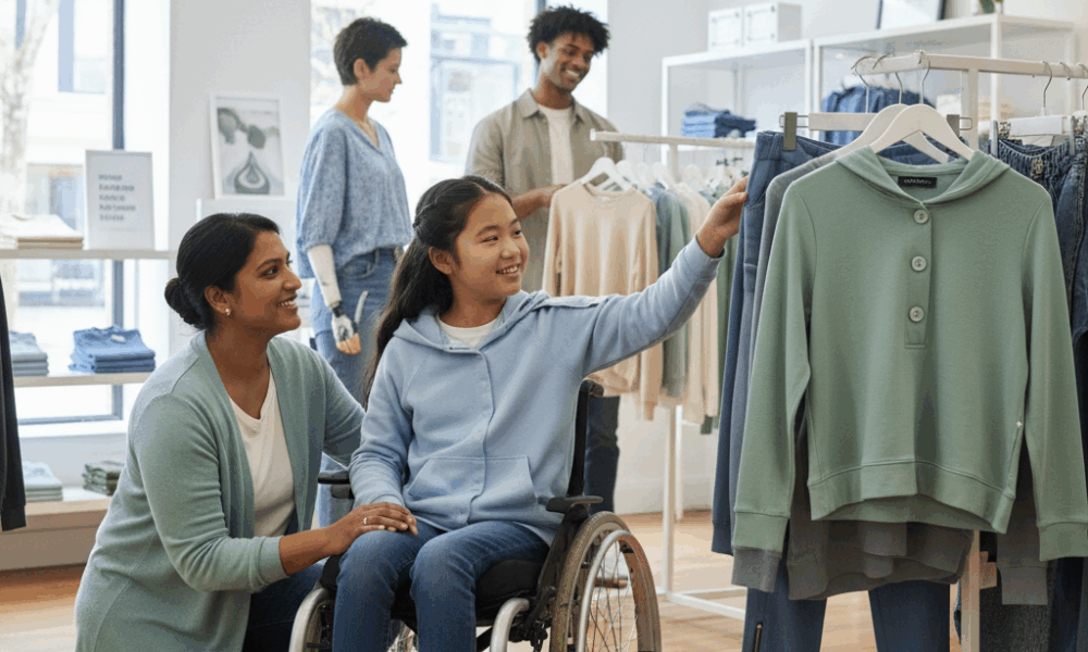 au kiabi village, enfants en situation de handicap et seniors posent comme mannequins pour la collection inclusive 'so easy', célébrant la diversité et l'inclusion dans la mode.