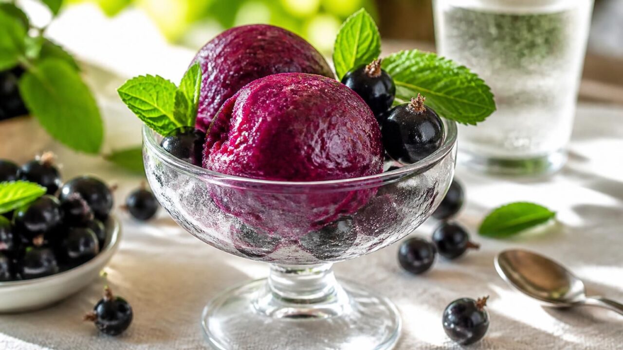 savourez le sorbet gourmand à la glace cassis, une délicieuse douceur estivale qui rafraîchit et émerveille vos papilles.