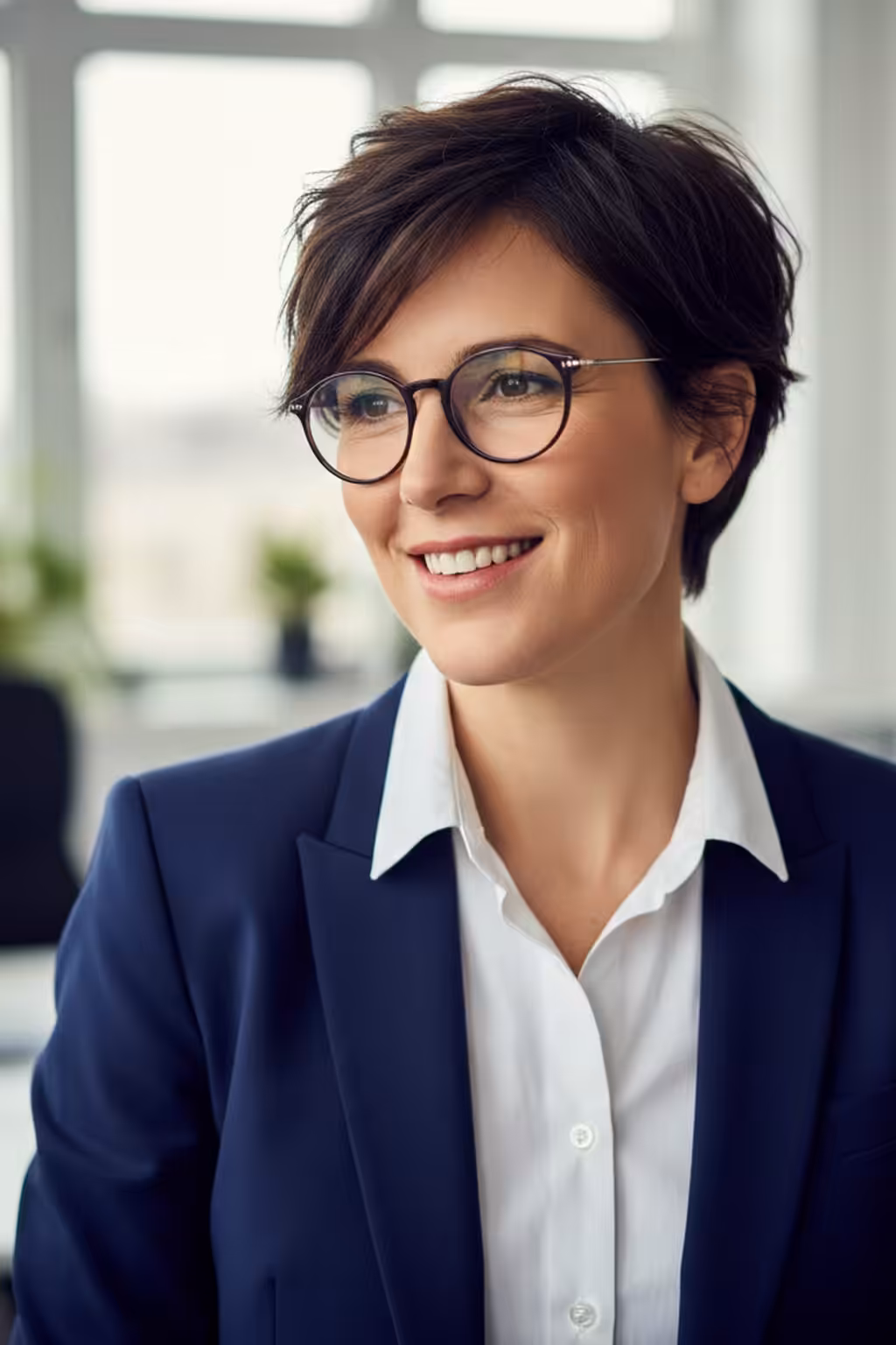 Femme souriante portant des lunettes et un costume.