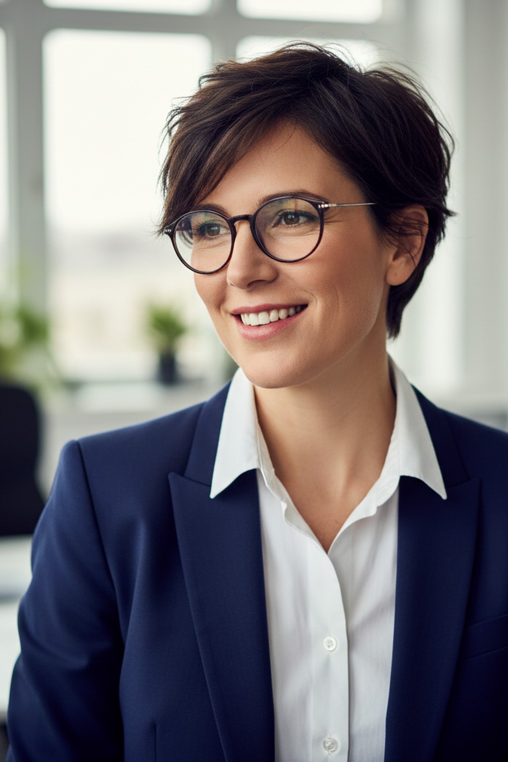 Femme souriante portant des lunettes et un costume.