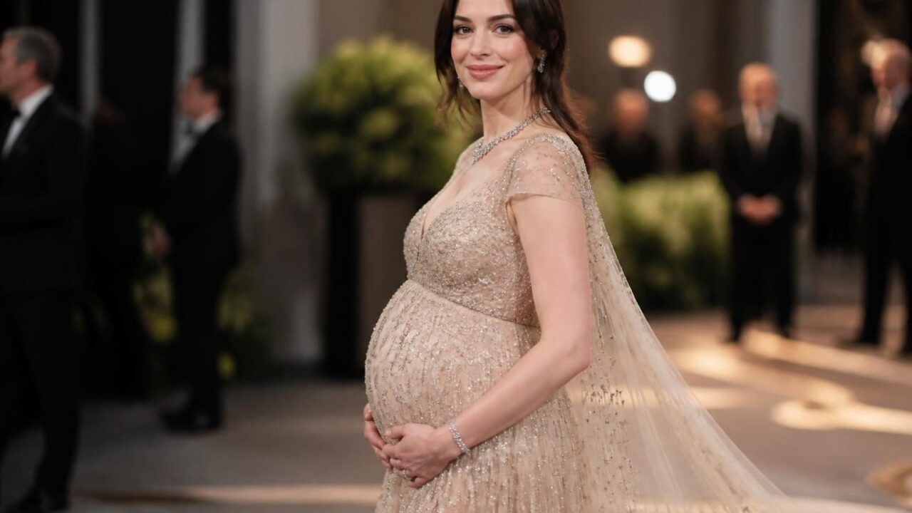 anne hathaway attend son troisième enfant et charme tous les regards dans une robe divine et spectaculaire lors d'un événement marquant.