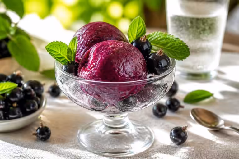 savourez le sorbet gourmand à la glace cassis, une délicieuse douceur estivale qui rafraîchit et émerveille vos papilles.